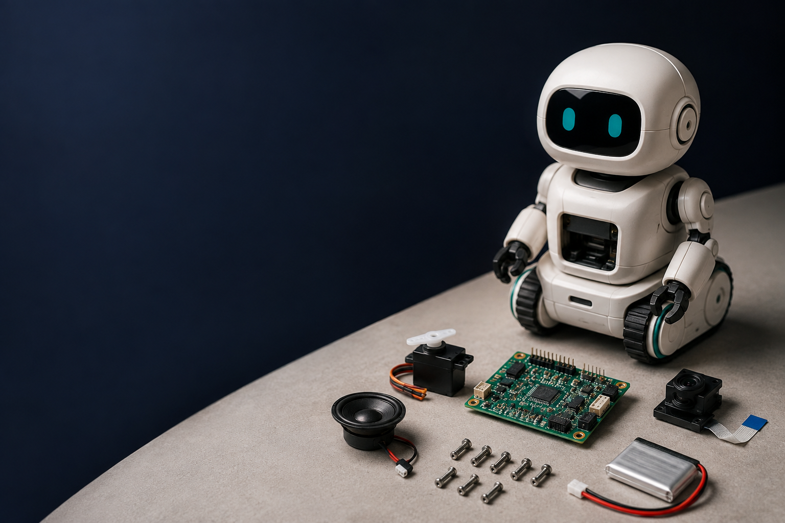 AI toy concept with a robot, controller, speaker, camera and assembly components